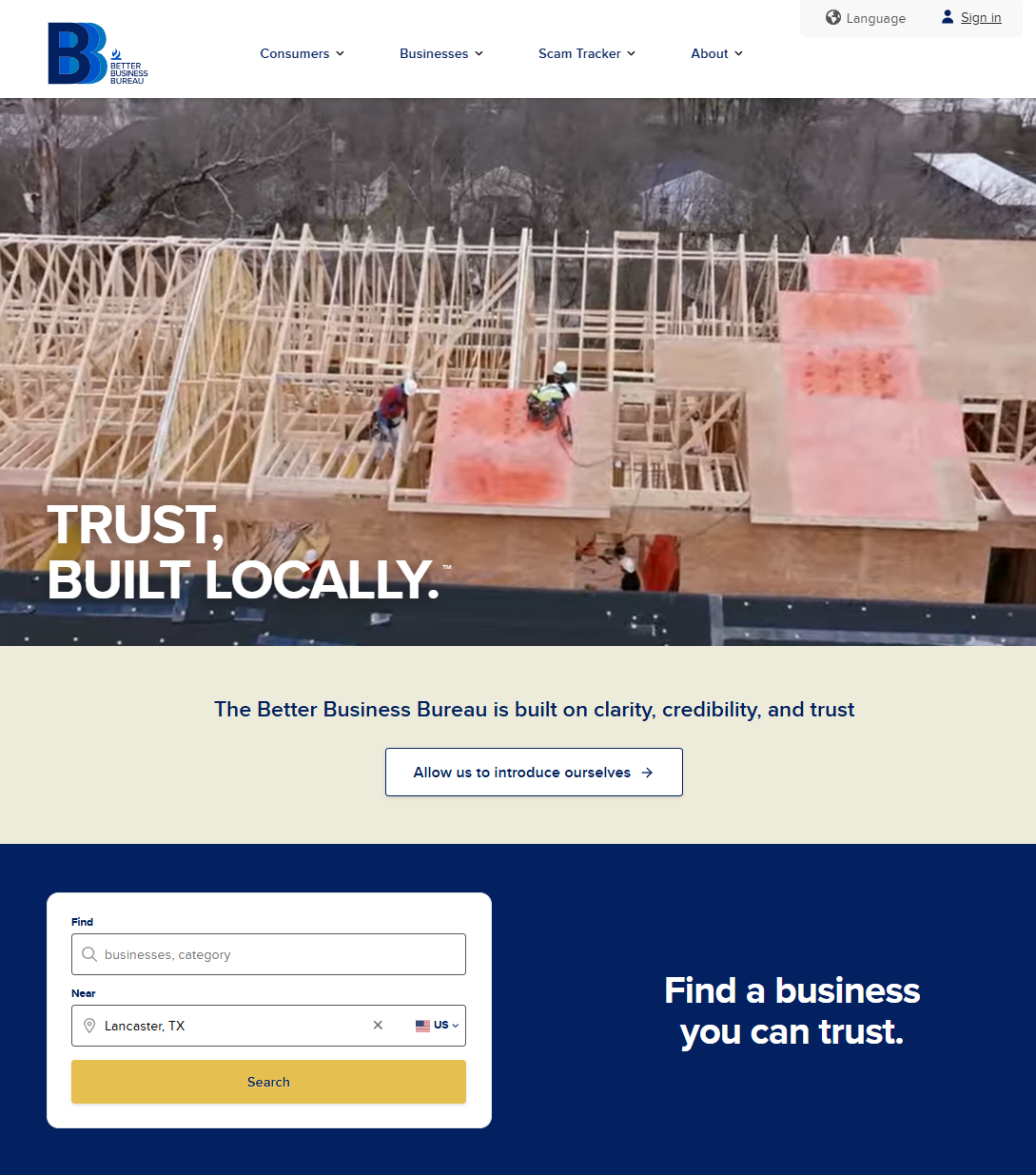 Screenshot of BBB’s Find a business you can trust search panel